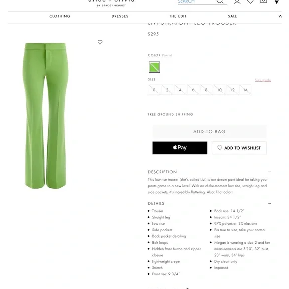 Alice + Olivia Livi Parrot Green Straight Leg Trouser Pant